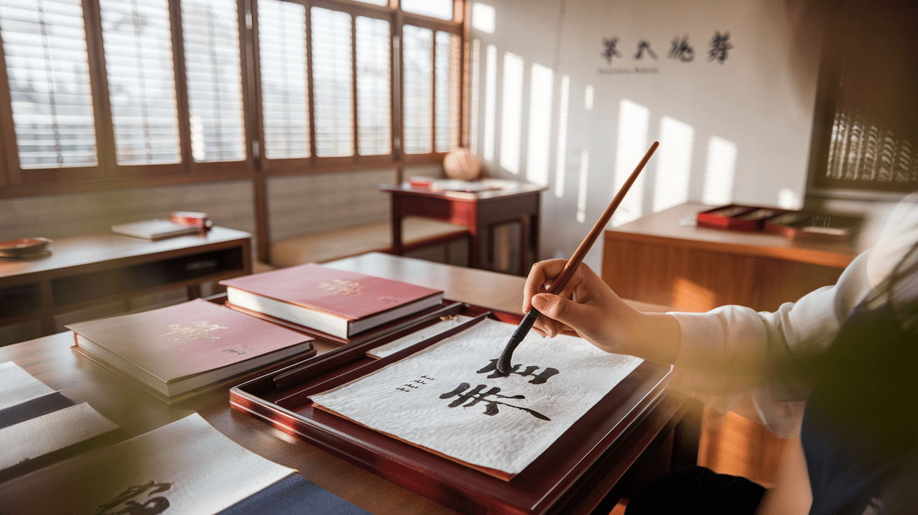 Elegant Singapore classroom with calligraphy practice, warm light, and cityscape view.