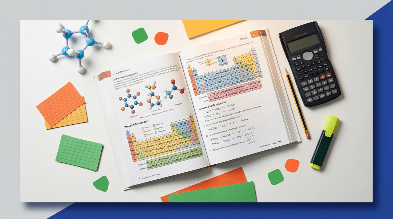 Flat-lay of O-Level Chemistry study scene; textbook, molecular model, study tools on desk.