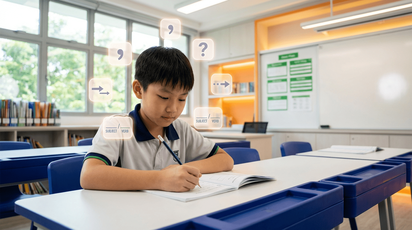 Focused Asian student writing at desk with grammar holograms in modern Singapore classroom.