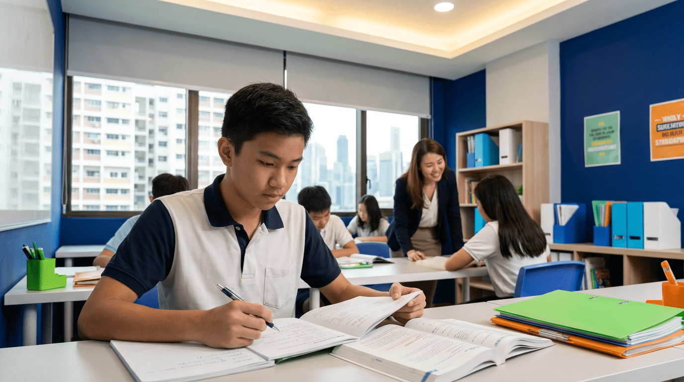 Focused Southeast Asian teen studying with tutor in vibrant Singapore classroom.