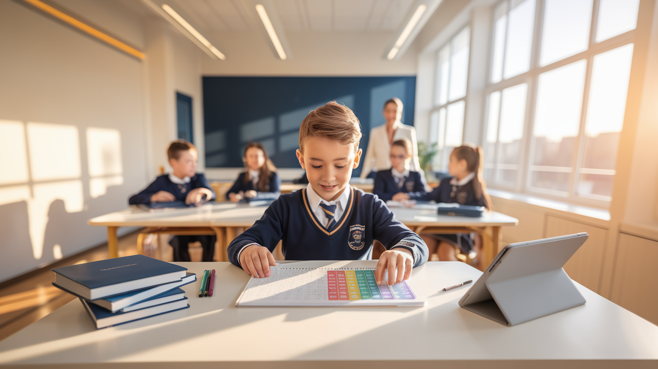 Focused student at desk with study timetable, warm sunlight, group learning nearby.