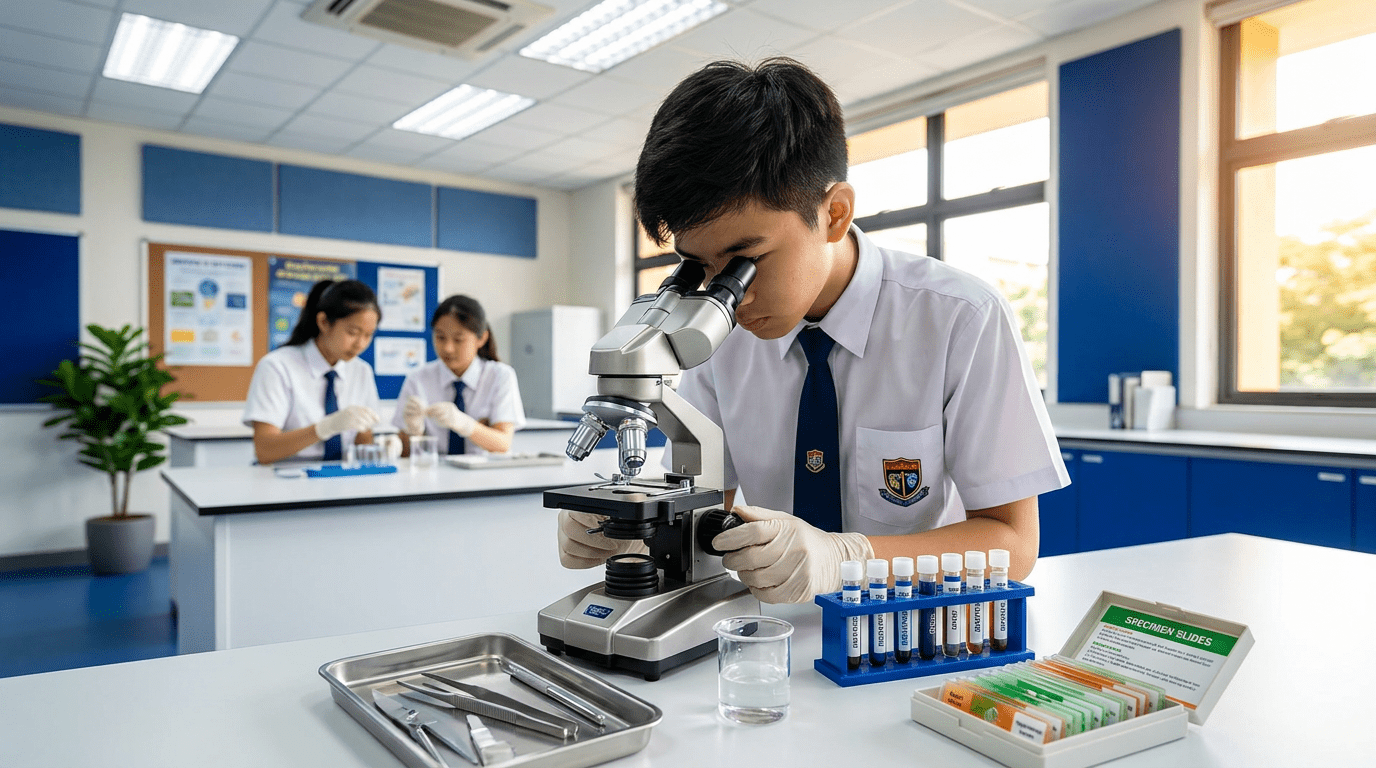 Focused student in Singapore classroom conducting biology experiment with a microscope.