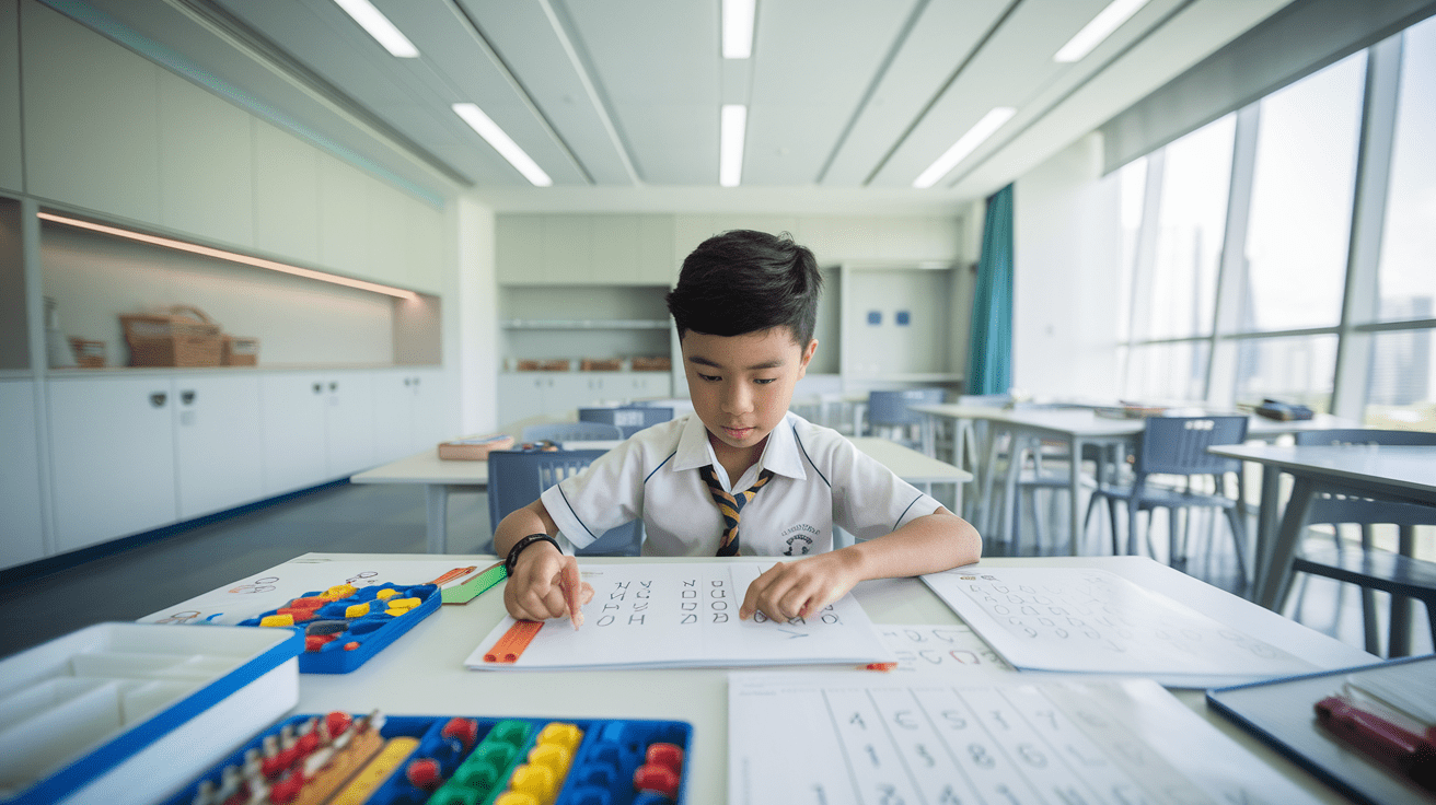 Focused student in Singapore classroom solving math on whiteboard with skyline view.