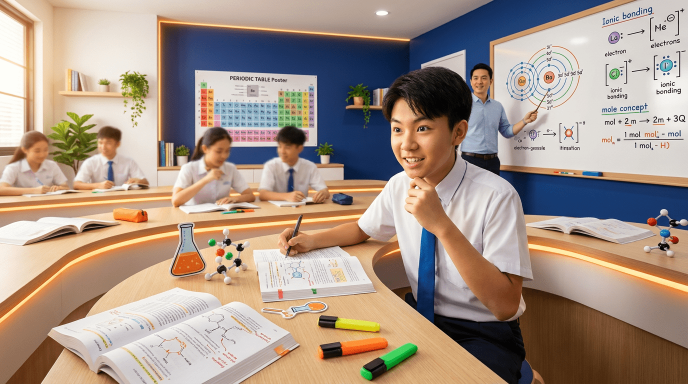 Focused student in Singapore classroom studying chemistry with tutor guidance.