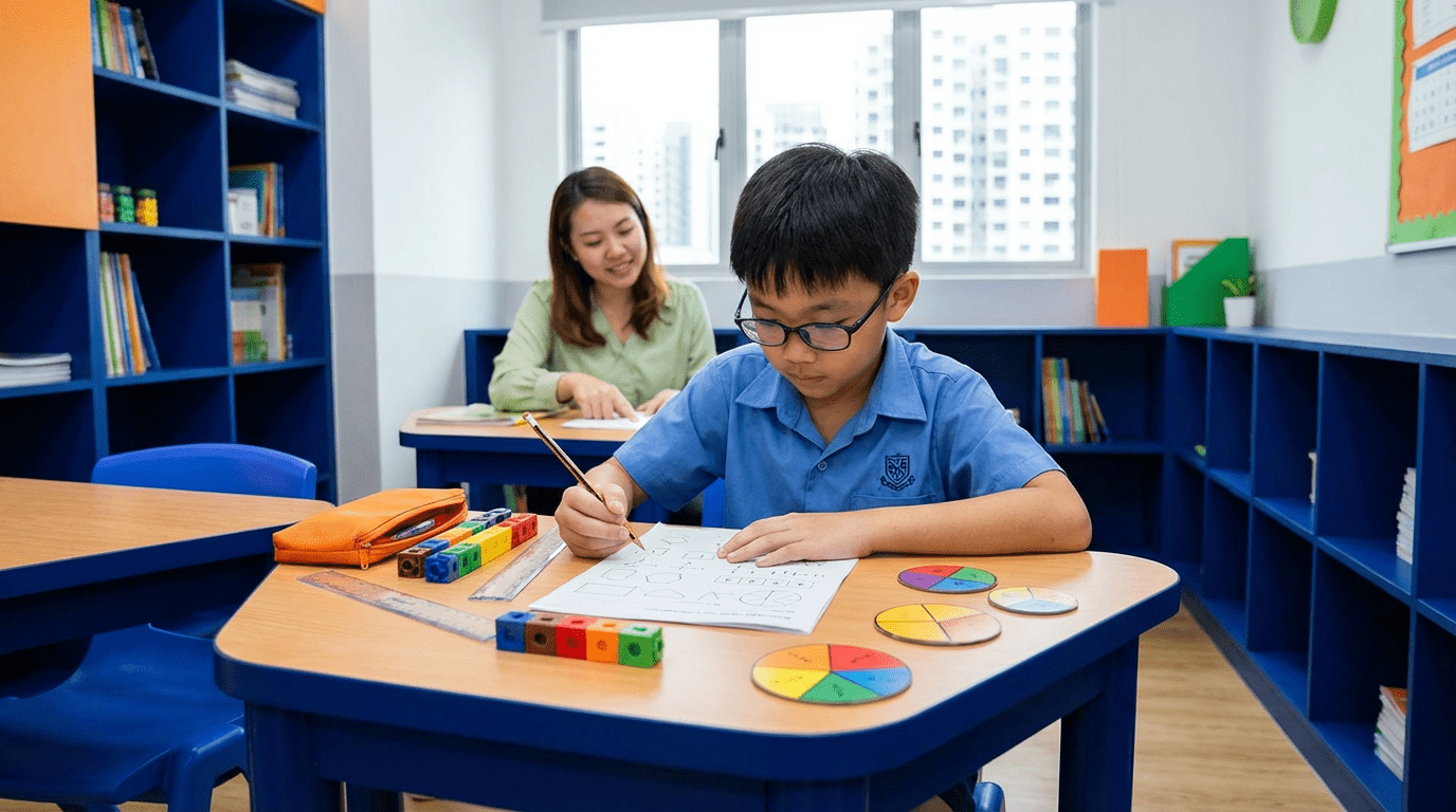 Focused student in Singapore tuition center working on math with tutor in bright, modern setting.