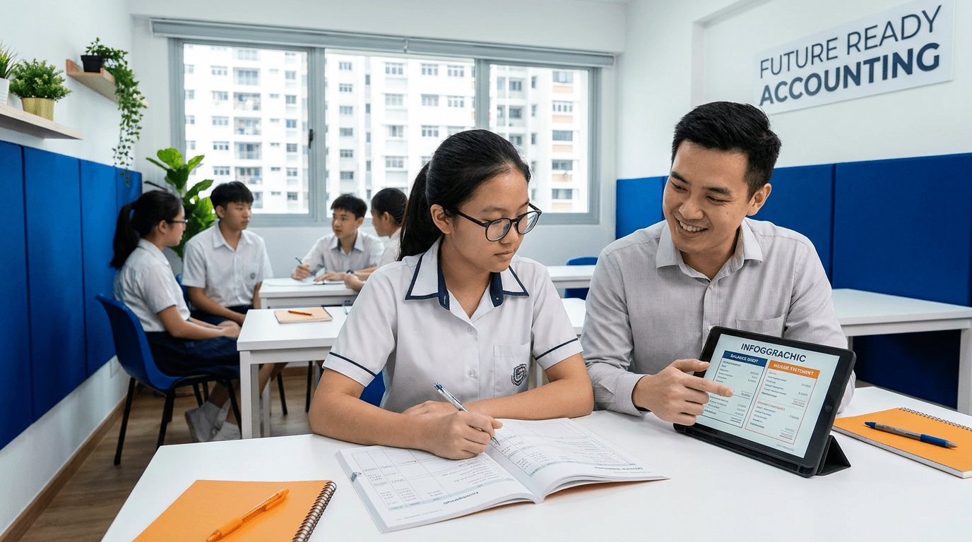 Focused student studies accounting with tutor in modern Singapore classroom.