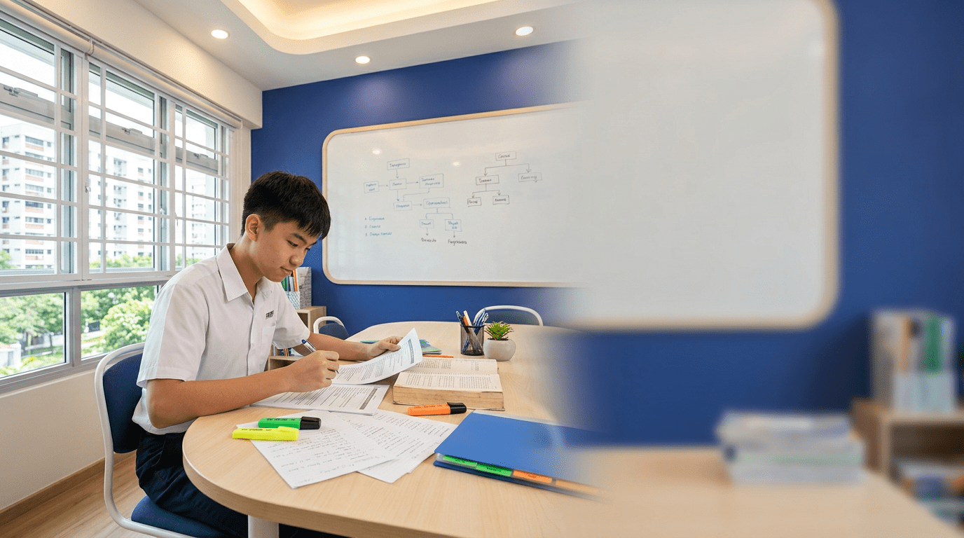 Focused student studying documents in a modern Singapore classroom with royal blue walls.
