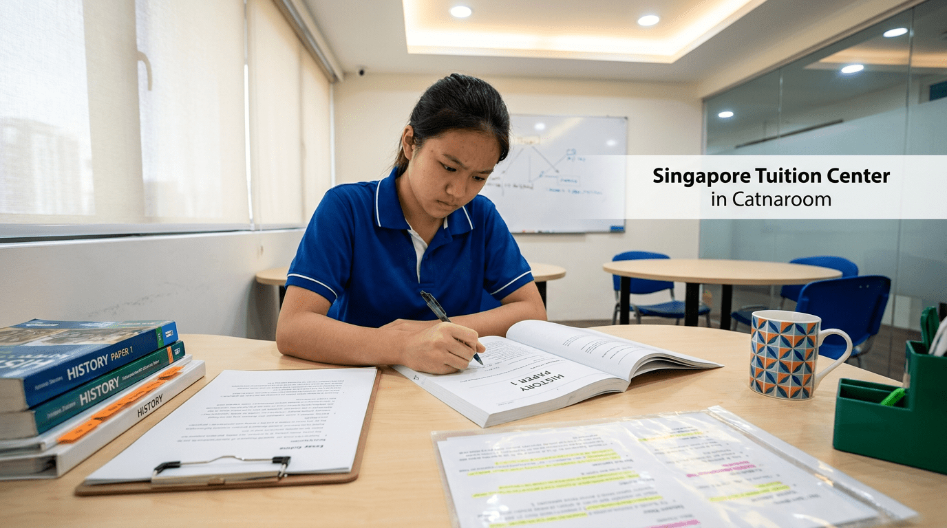 Focused student writing at a modern Singapore tuition center desk, surrounded by study materials.