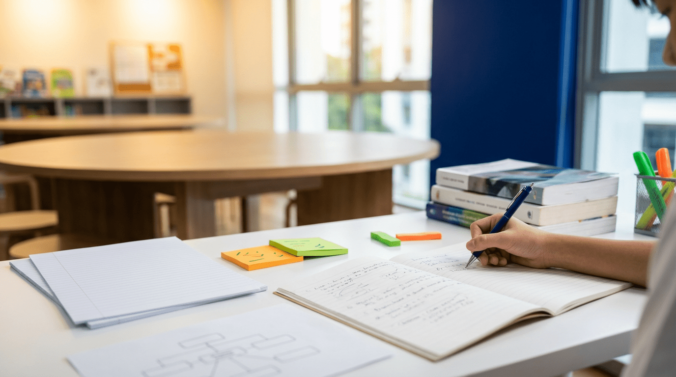 Focused student writing in a modern classroom with colorful stationery and natural light.