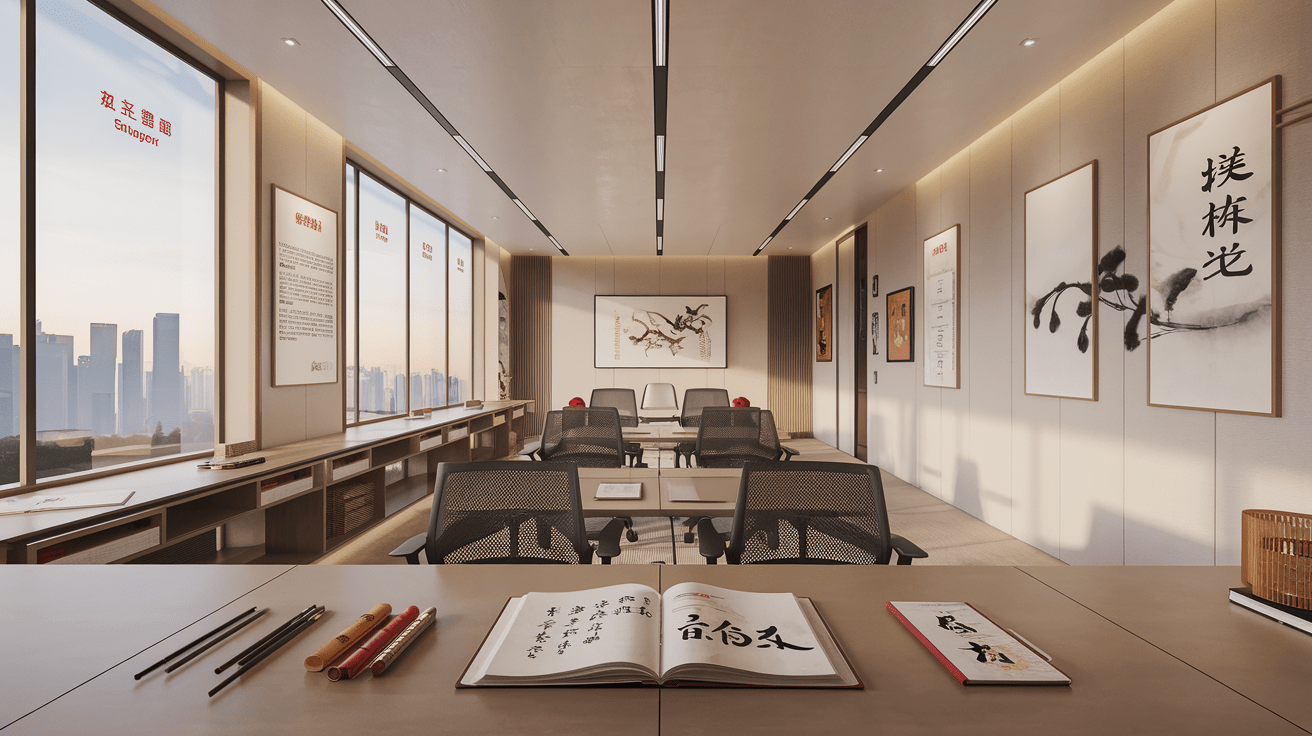 Minimalist Singapore classroom, Chinese elements, desk with textbook, calligraphy, skyline view.