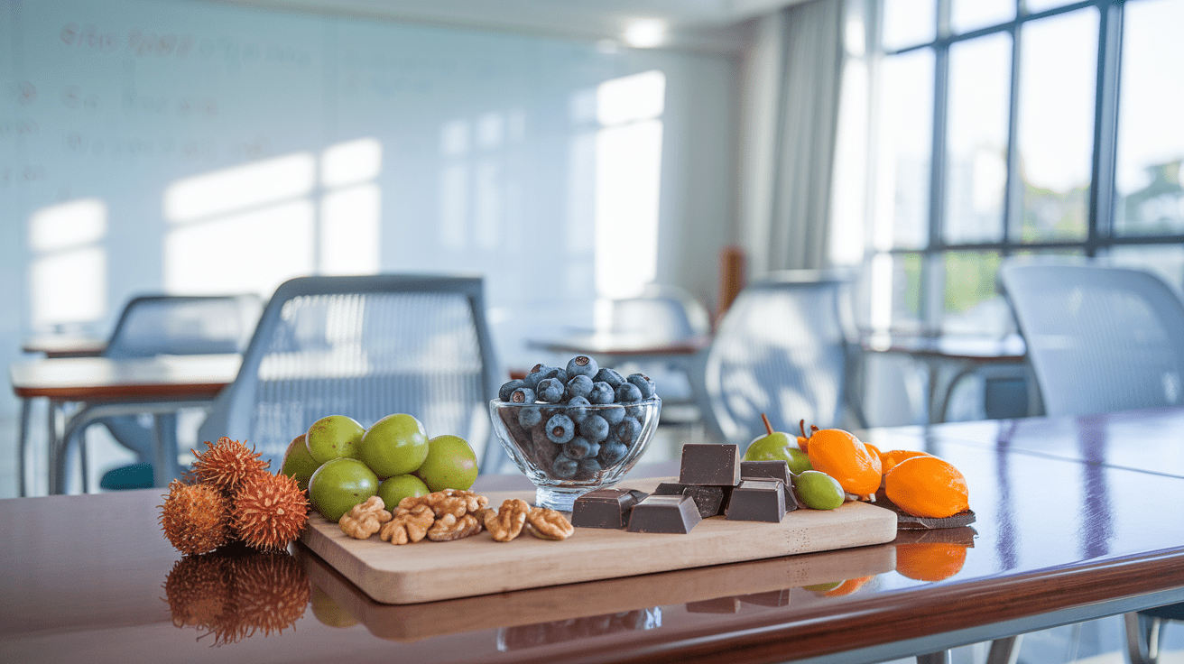 Modern classroom with brain-boosting snacks on desk, bright airy setting.