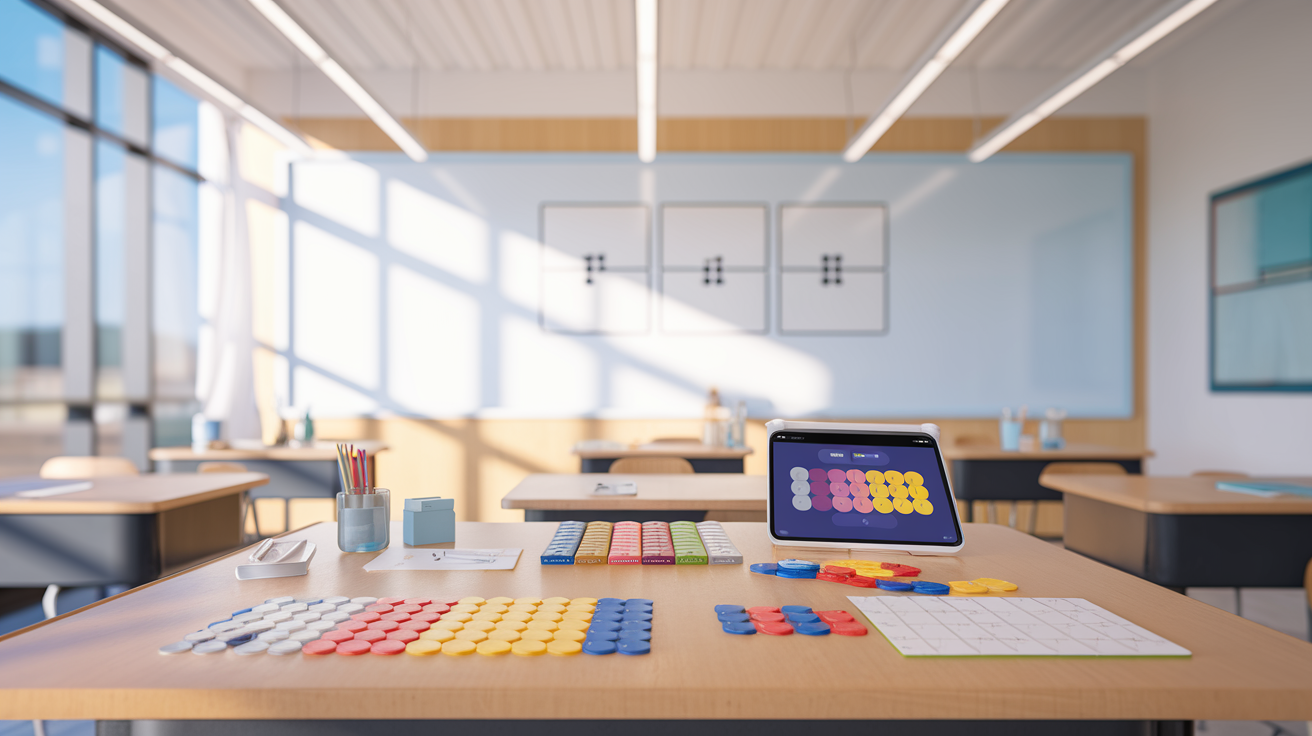 Modern classroom with fraction manipulatives on desk, whiteboard, and natural light.