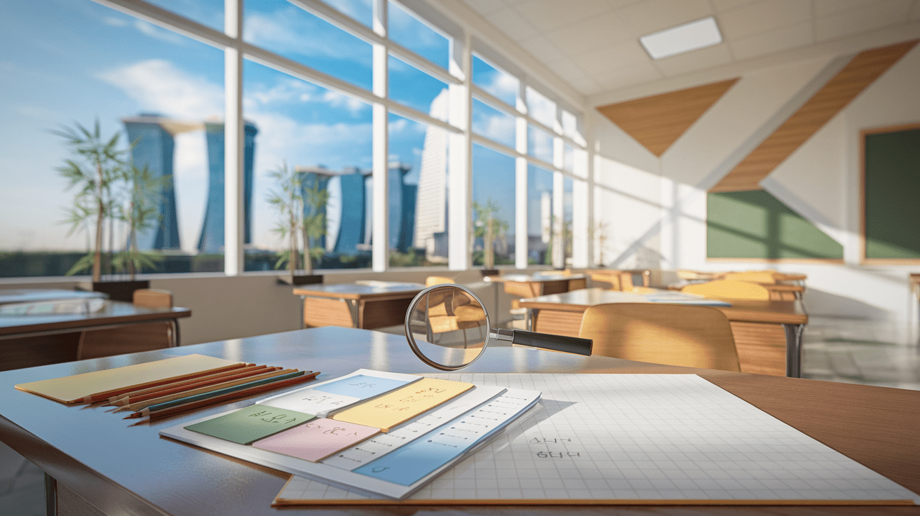 Modern classroom with HDB view, organized desk, math focus, Asian design elements.