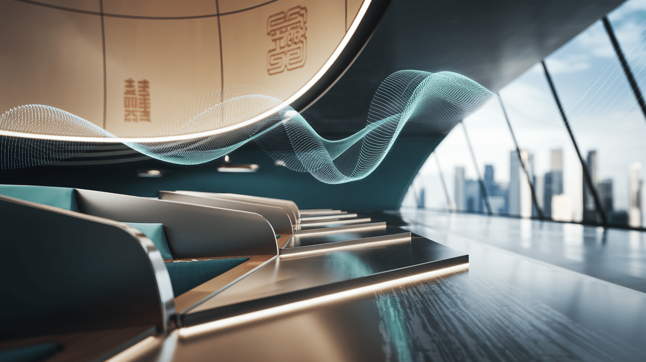 Modern classroom with Singaporean design, 3D sound wave, skyline view, warm lighting.