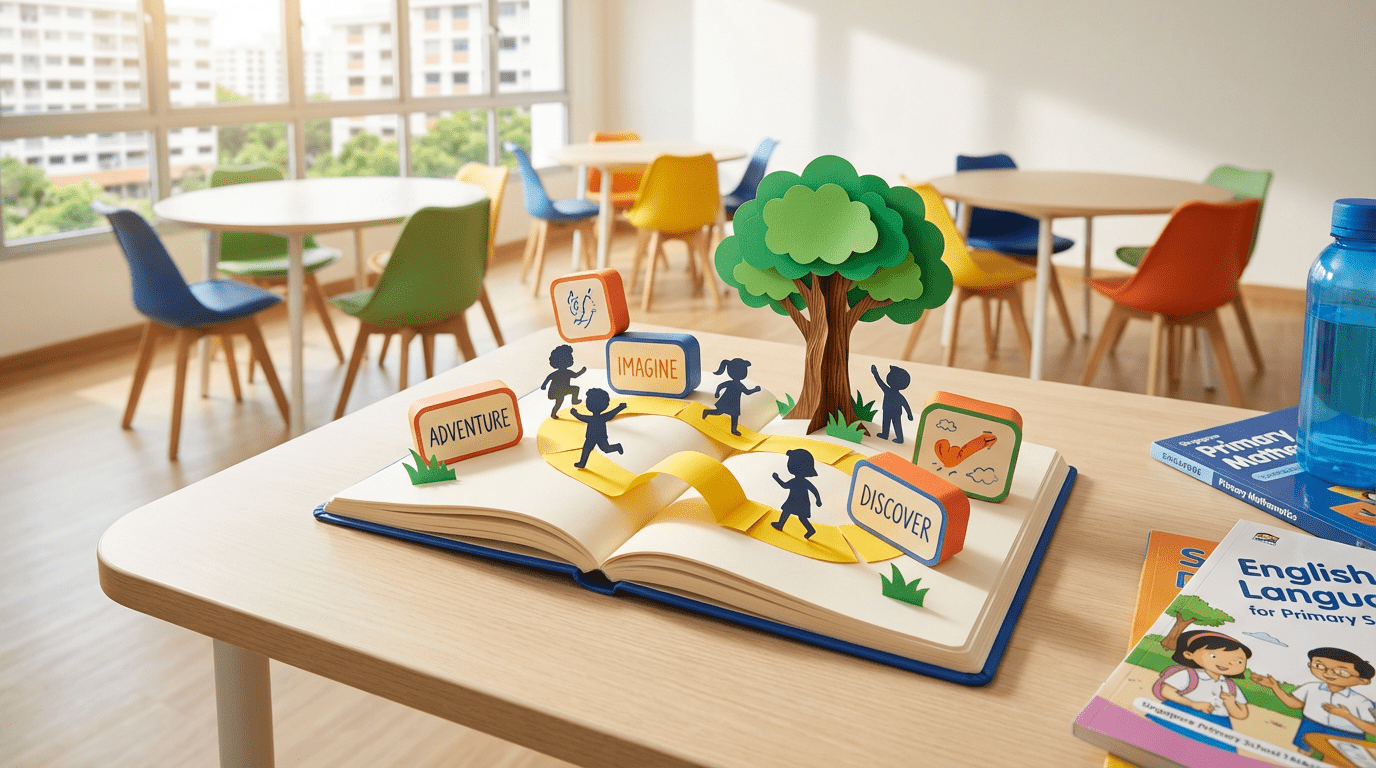 Modern desk with notebook and 3D paper-craft story elements, textbooks, in bright classroom setting.