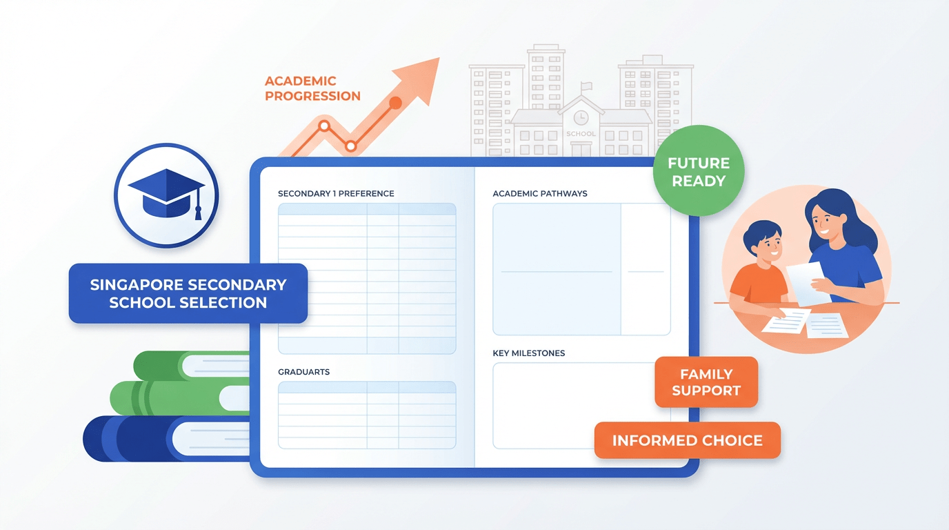 Modern illustration of a school selection scene with notebook, books, and family silhouette.