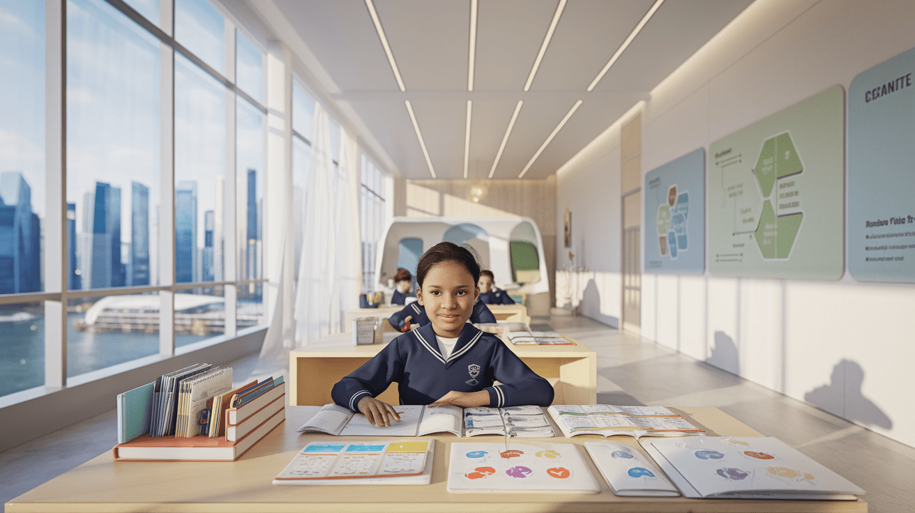 Modern Singapore classroom with city skyline, engaged student at desk, warm sunlight.
