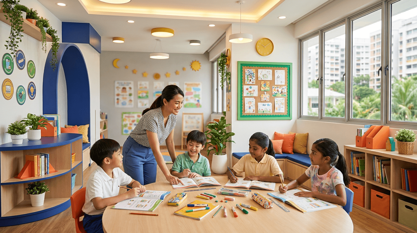 Modern Singapore classroom with diverse kids learning, guided by a friendly teacher.