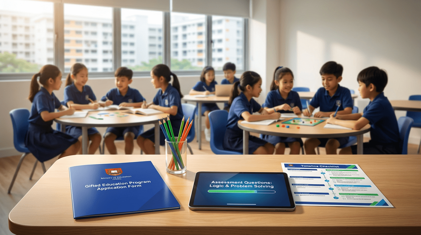 Modern Singapore classroom with gifted program forms, study materials, diverse students.