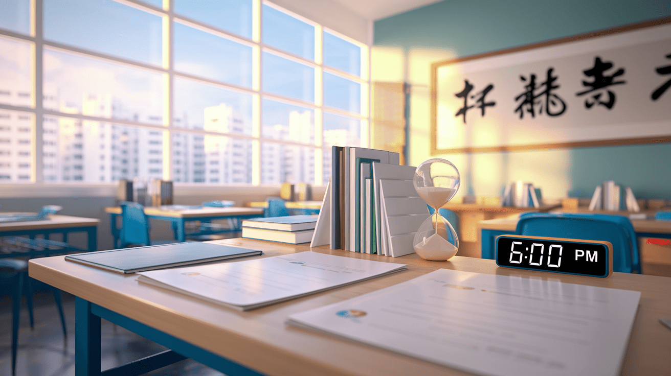 Modern Singapore classroom with HDB flats, desk at 6 PM under golden hour light.