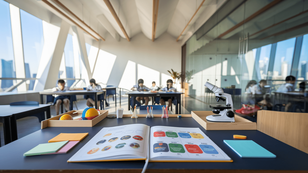 Modern Singapore classroom with neat desk, science workbook, solar system model, and microscope.