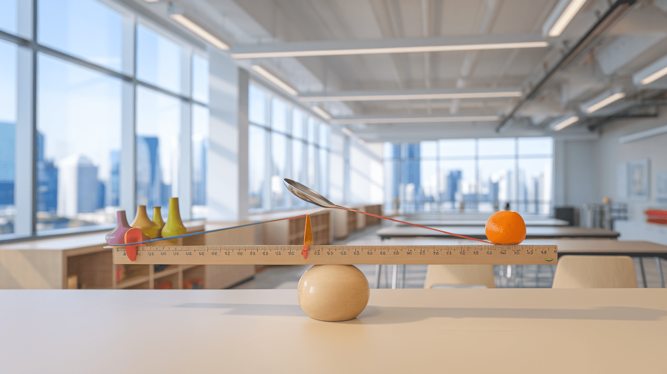 Modern Singapore classroom with physics demo; ruler balances spoon and orange.