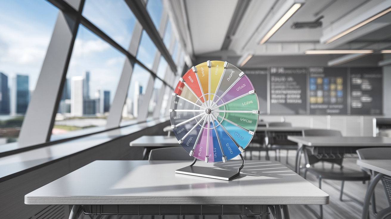 Modern Singapore classroom with skyline view, featuring colorful time management wheel on desk.