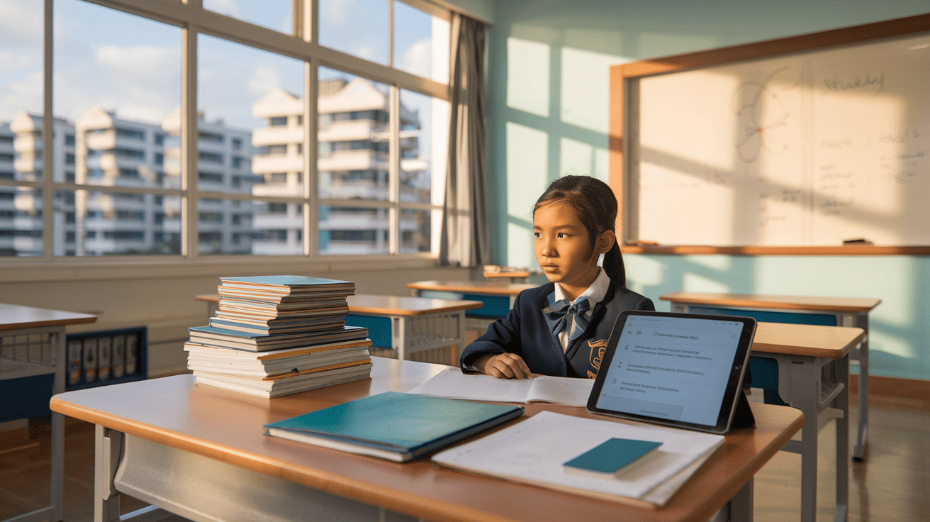 Modern Singapore classroom with student at desk, warm sunlight, HDB flats view.