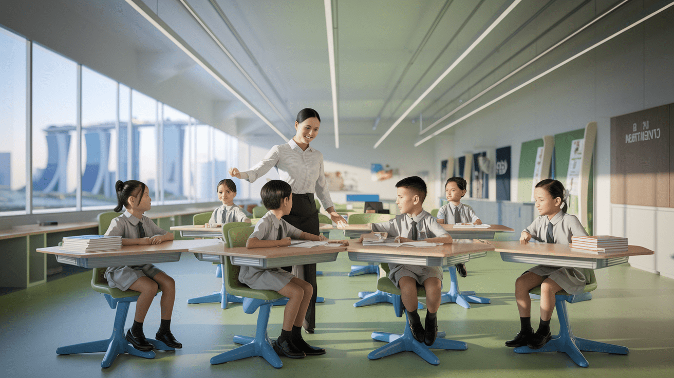 Modern Singapore classroom with students and teacher, natural light, city view.