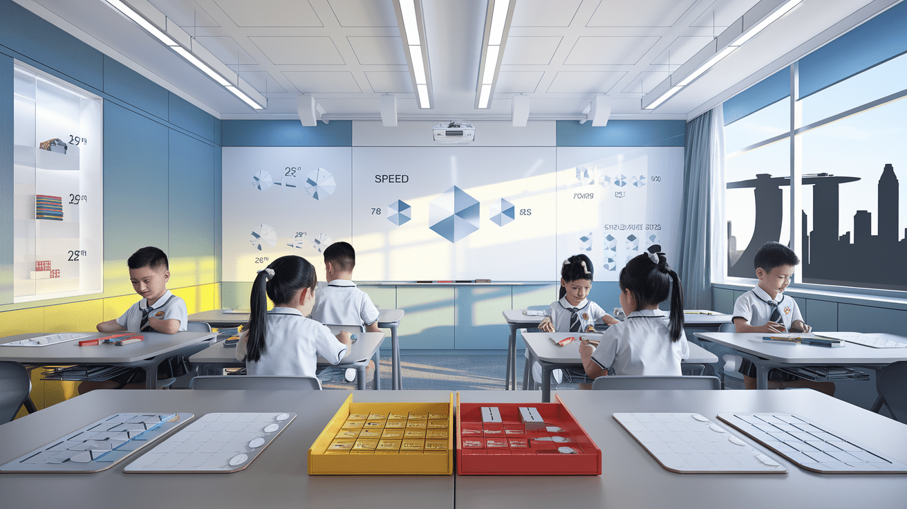 Modern Singapore classroom with students learning math, geometric shapes on whiteboard, city skyline view.