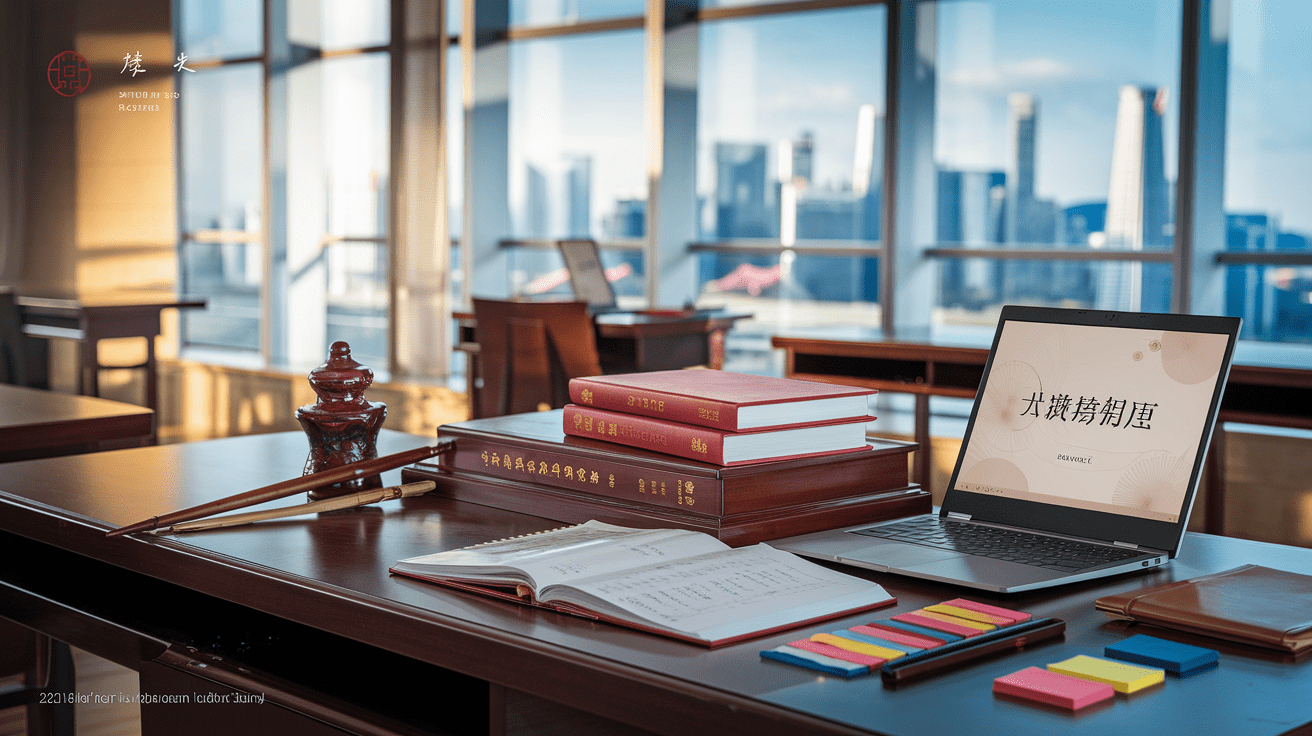 Modern Singapore classroom with wooden desk, Chinese textbooks, calligraphy brush, laptop, and skyline view.