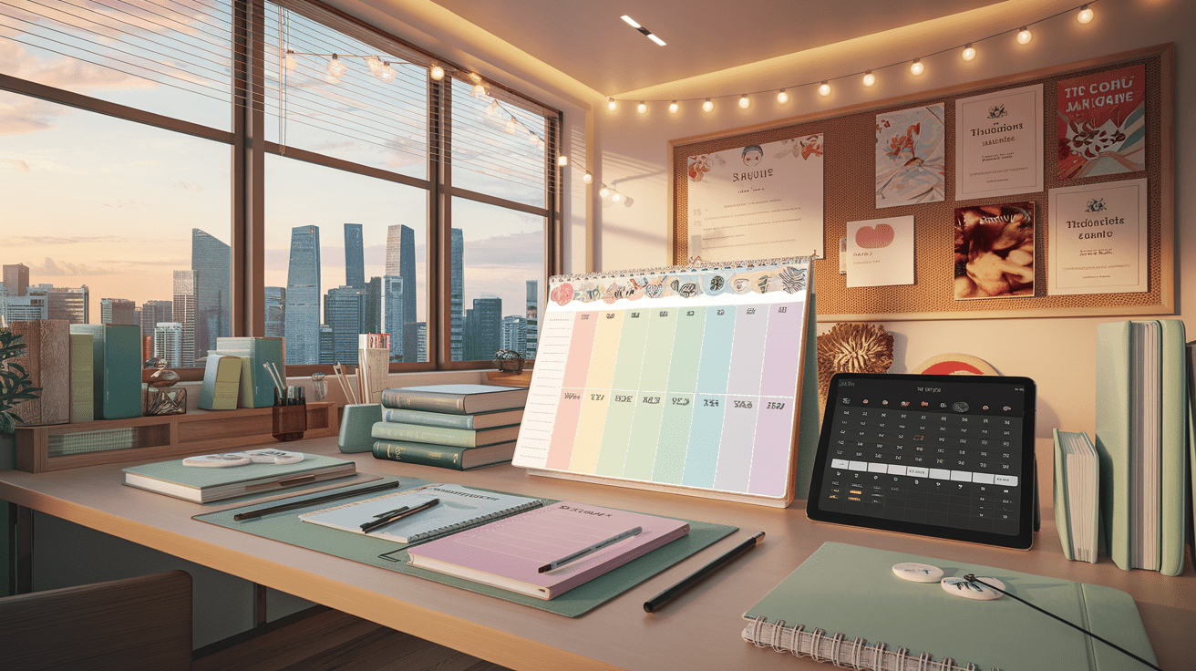 Modern Singapore study room with desk, planner, textbooks, and ambient lighting.