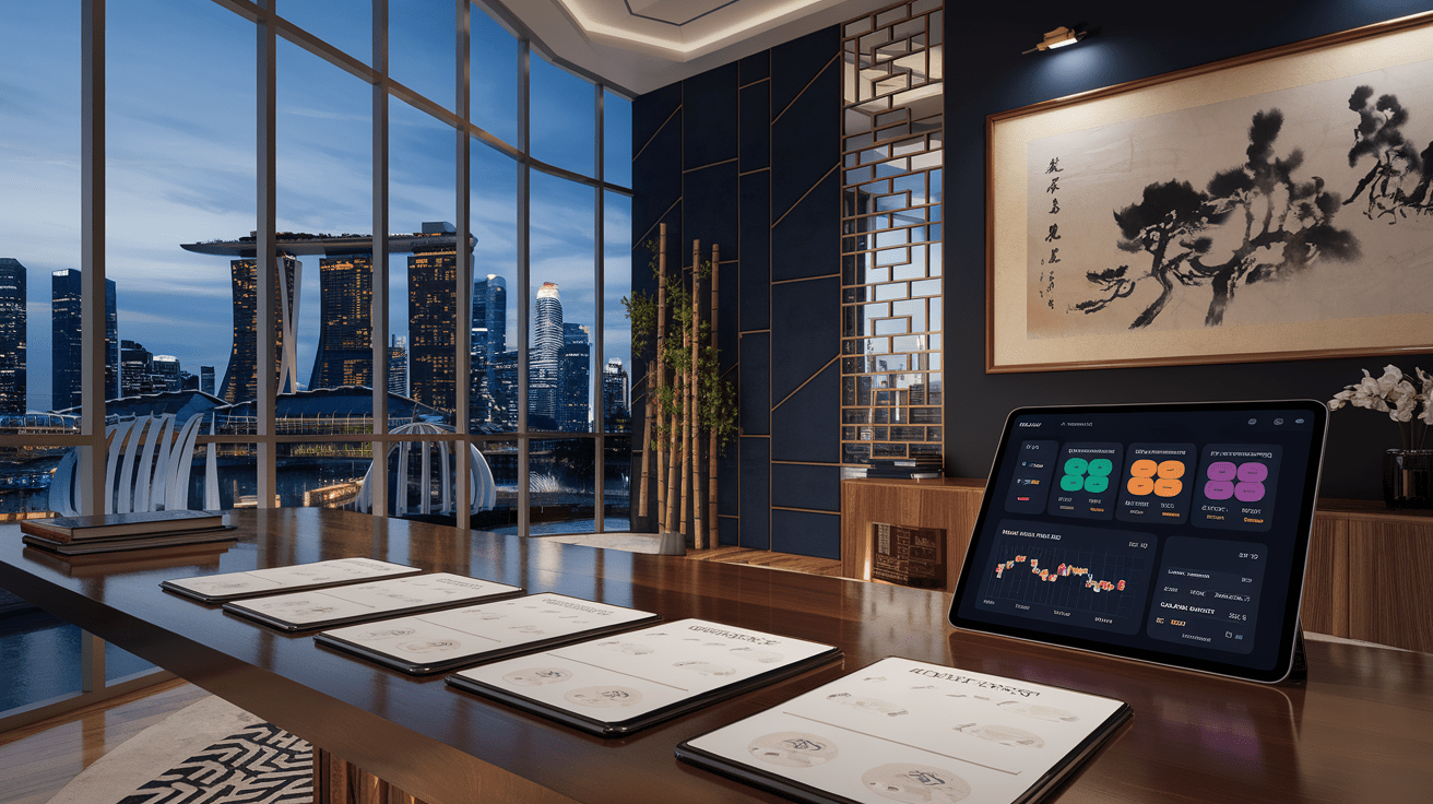 Modern Singapore study space with Marina Bay Sands view, organized desk, and ambient lighting.