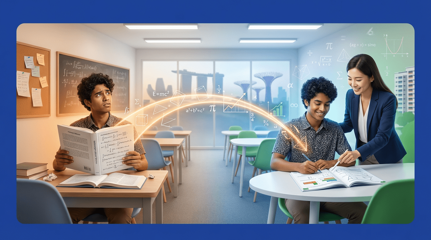 Modern Singapore tuition classroom with contrasting math curricula and engaged student-tutor interaction.