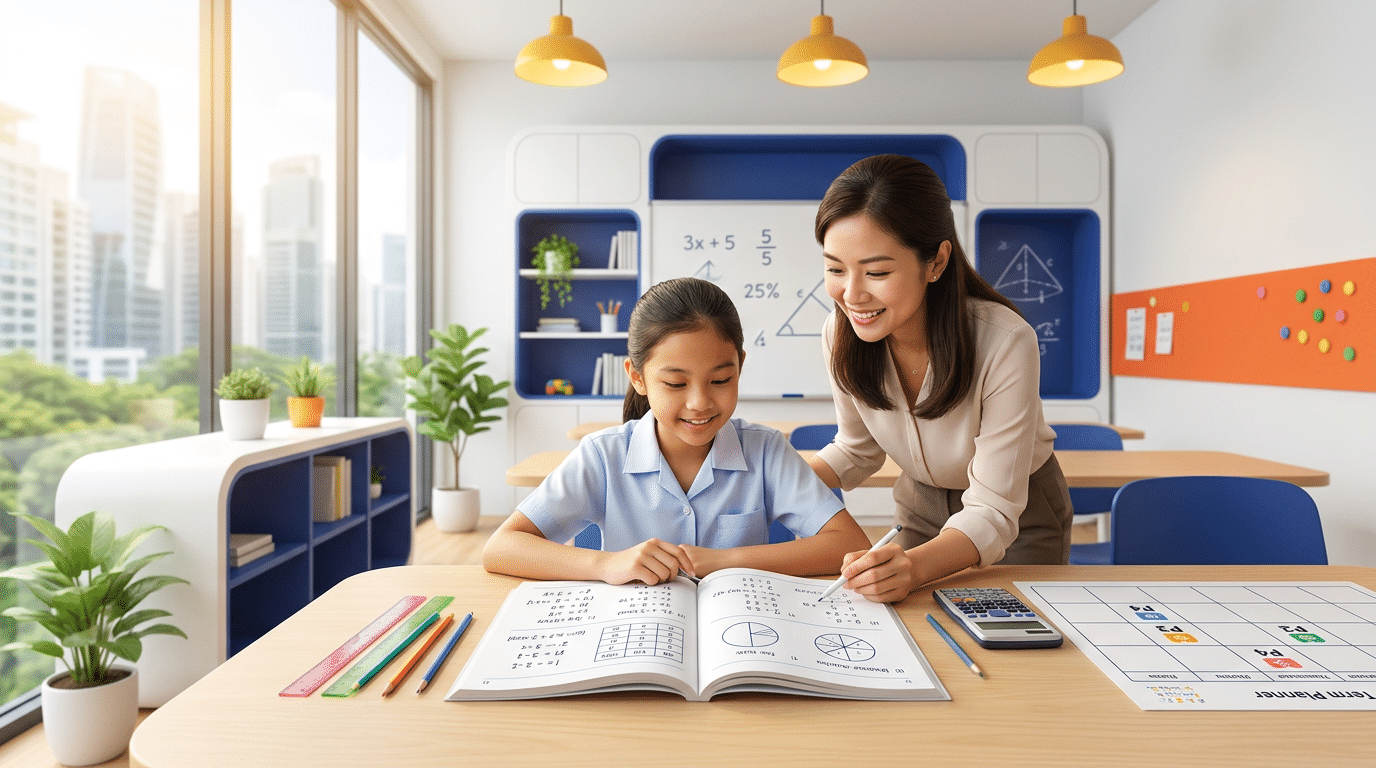 Modern Singapore tuition classroom with student and teacher focused on algebra workbook, vibrant colors.