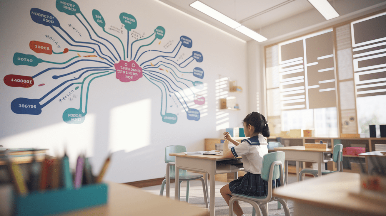 Modern Singaporean classroom with a student adding to a colorful mind map on the wall.