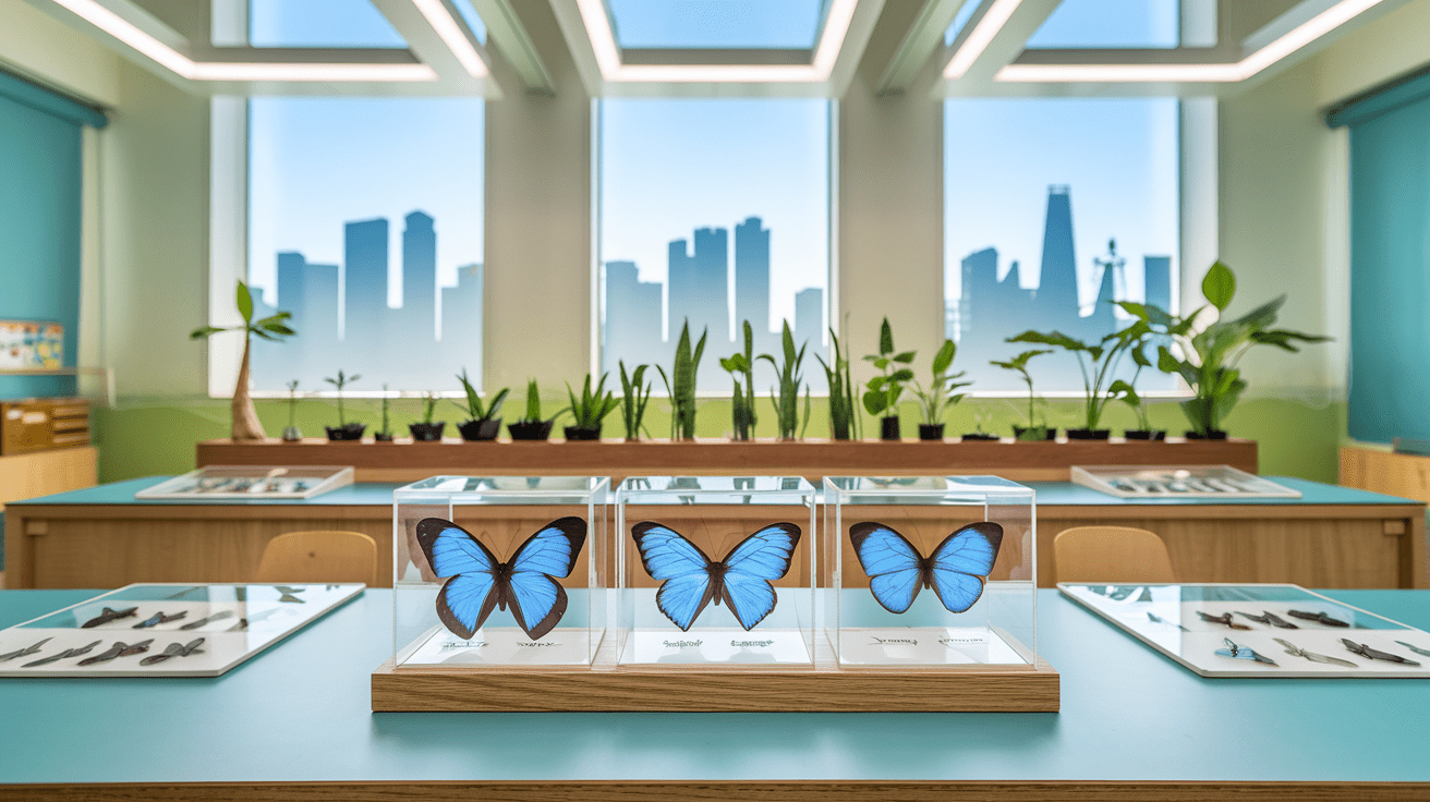 Modern Singaporean classroom with butterfly life cycle display and skyline view.