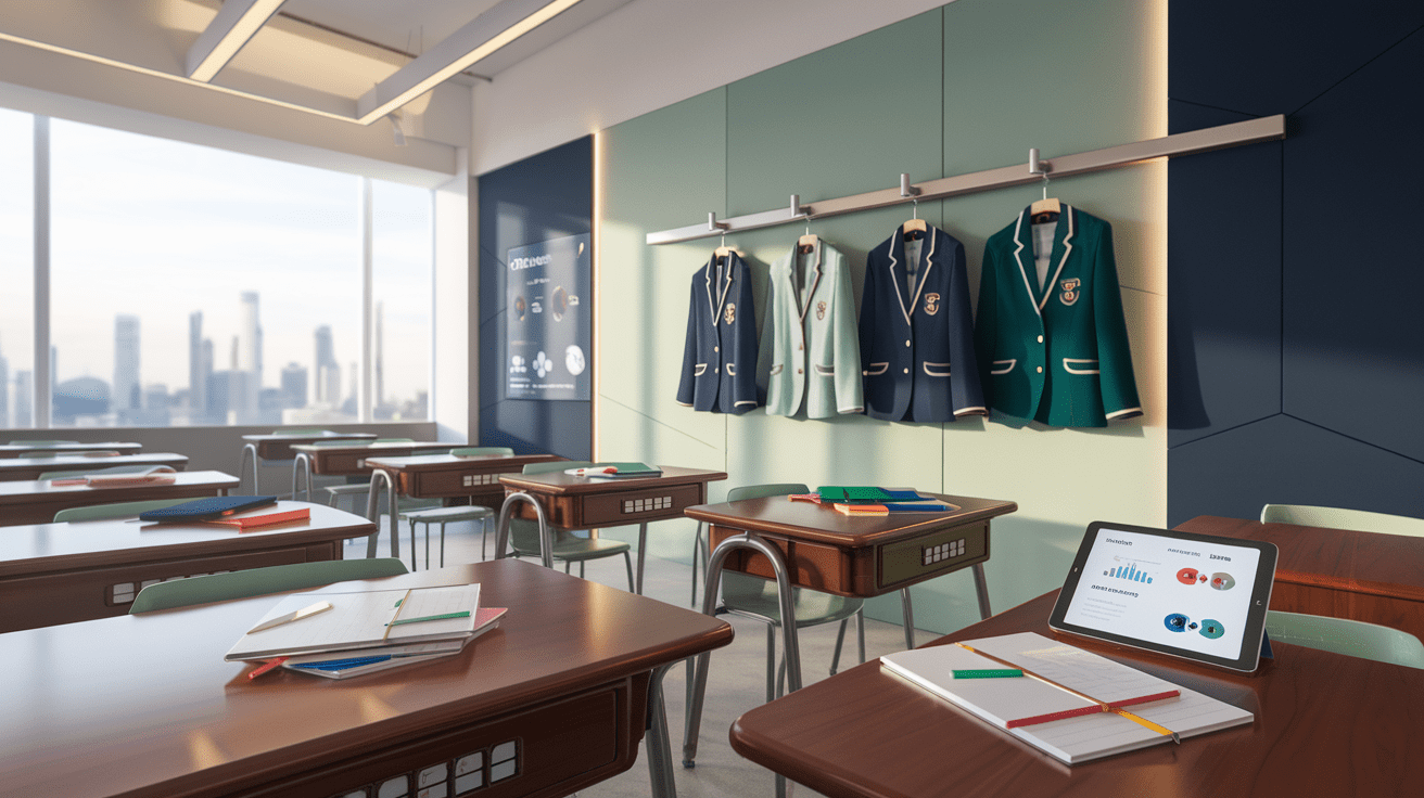 Modern Singaporean classroom with wooden desks, educational materials, skyline view.