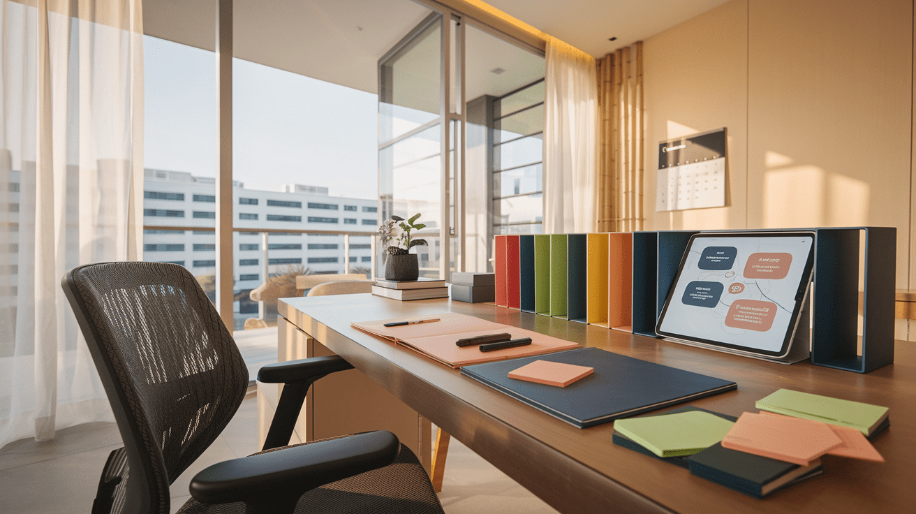 Modern Singaporean study with desk, tablet, and city view through large windows.