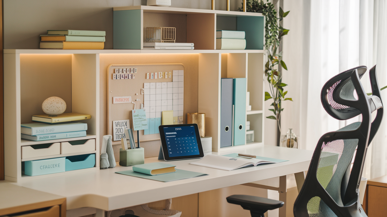 Modern study desk with color-coded materials, digital tablet, and potted plant in a sunlit room.