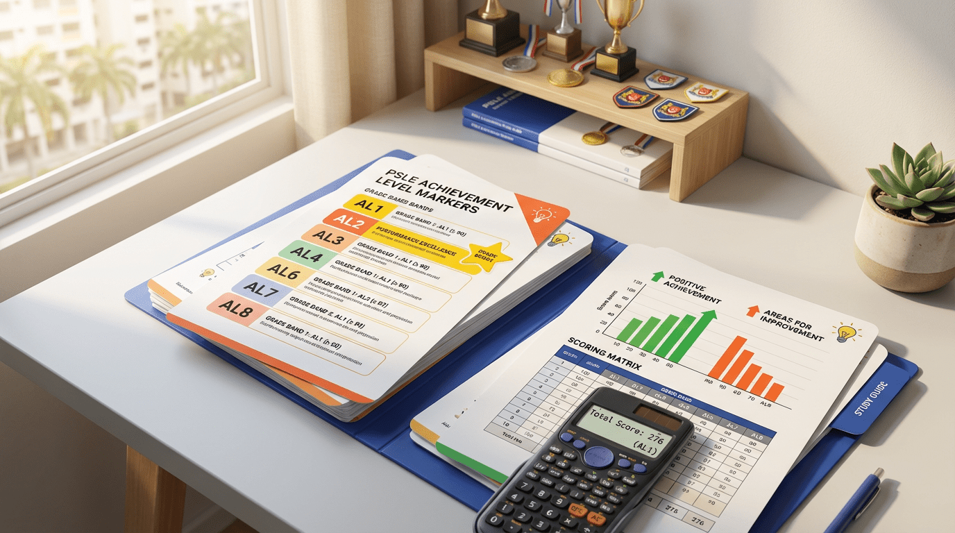 Modern study desk with PSLE papers, calculator, charts, trophies, warm lighting, supportive mood.