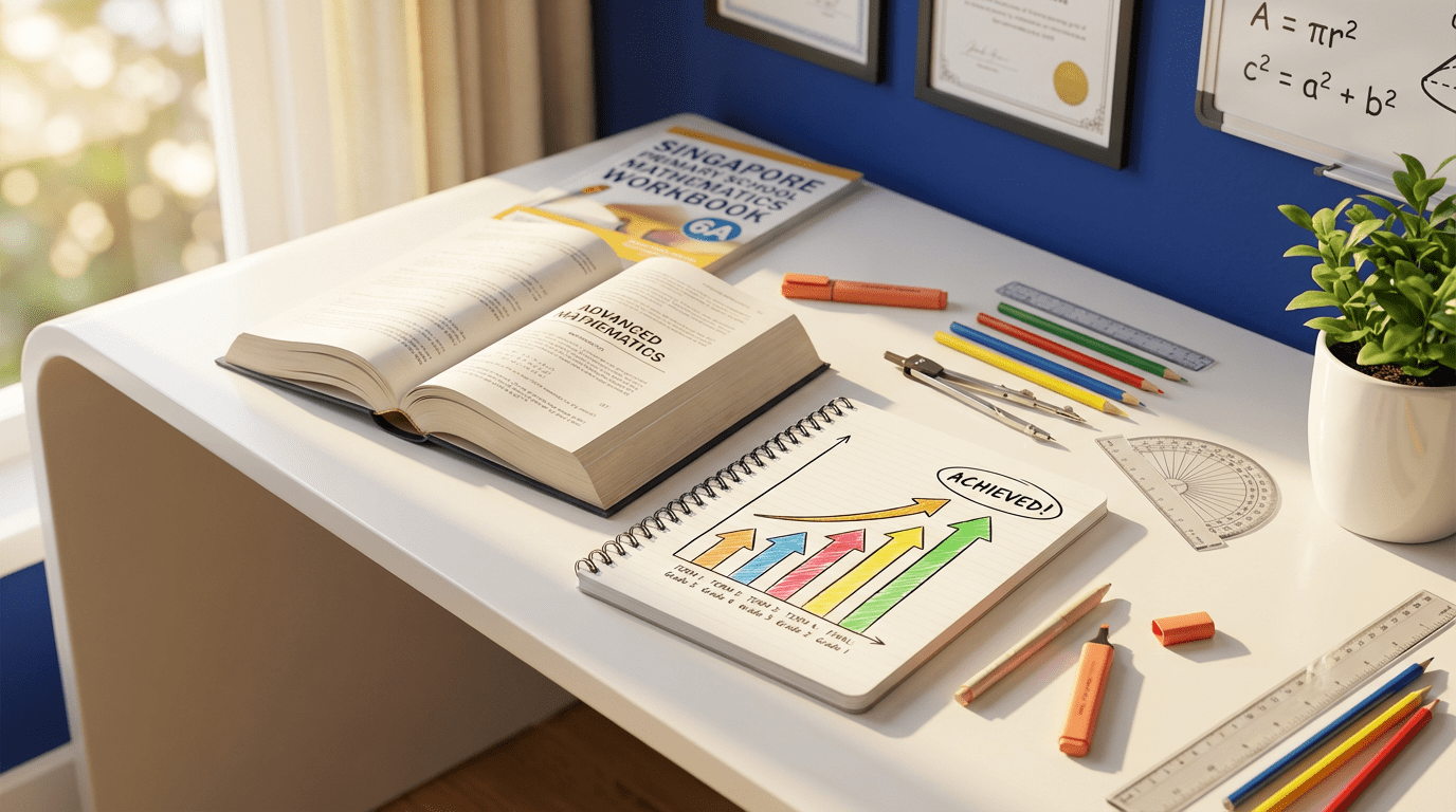 Modern study scene with math textbook, notebook showing grade rise, tools, and warm lighting.