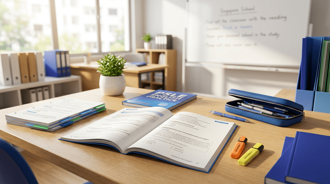 Modern study scene with open PSLE English workbook, colorful materials, in a bright, organized setting.