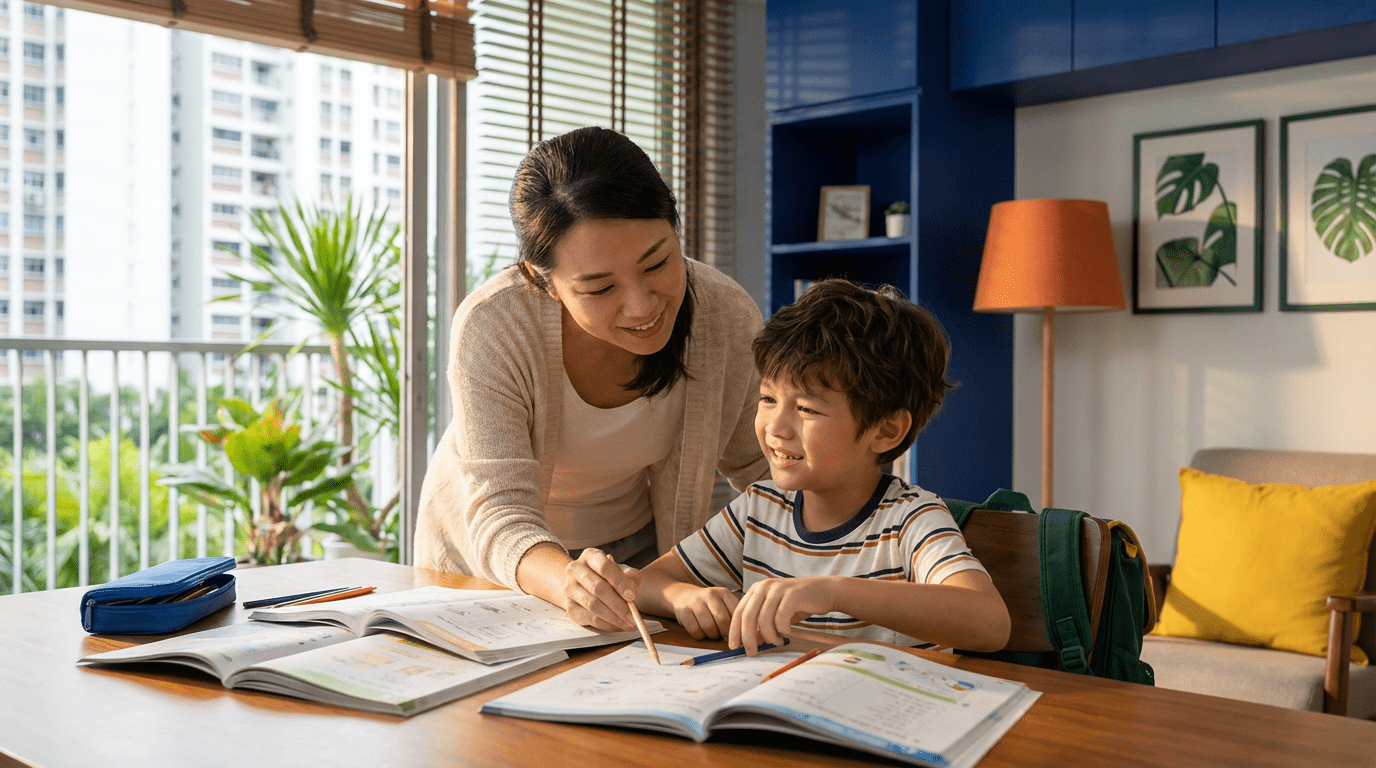 Mother guides child with homework in cozy Singaporean study, warm light, vibrant decor.