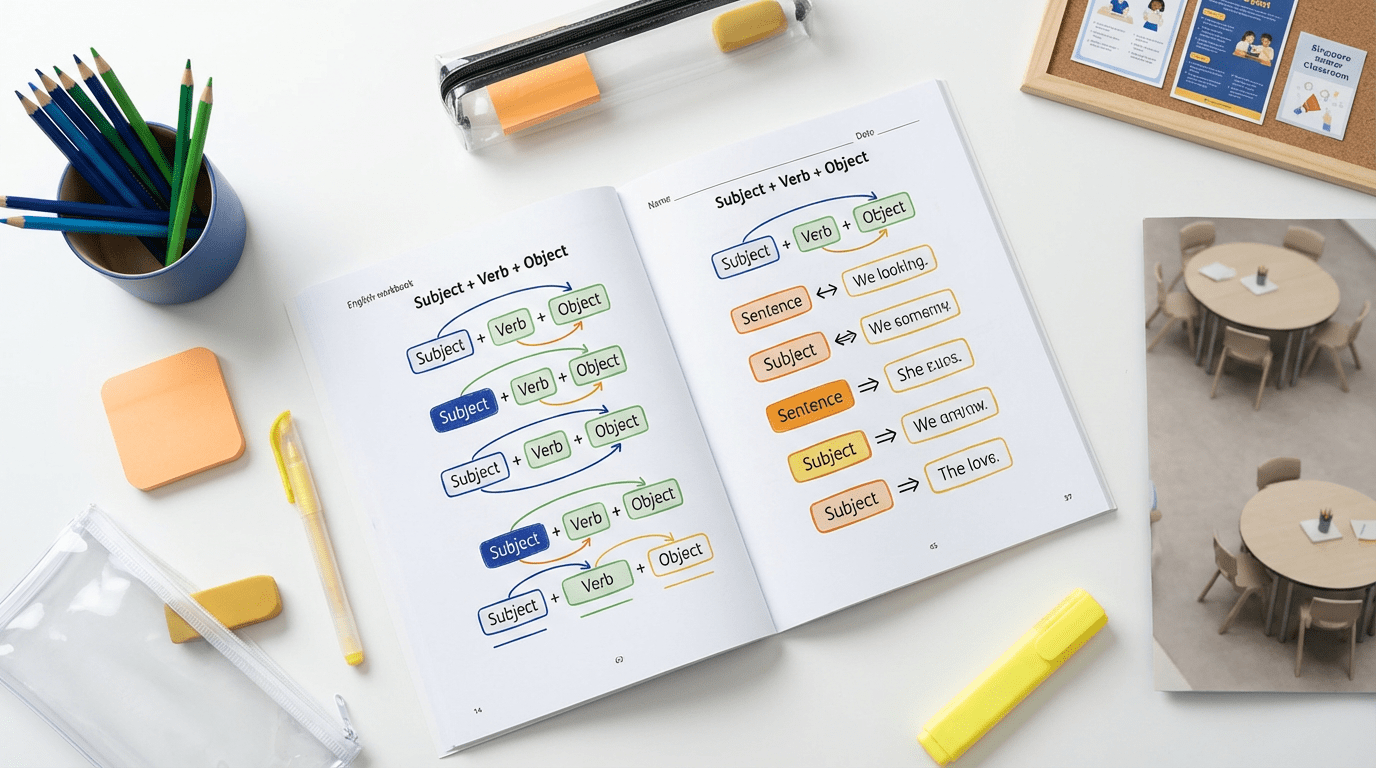 Open English workbook with colorful arrows, pencils, and study tools on a white desk in a Singapore classroom.