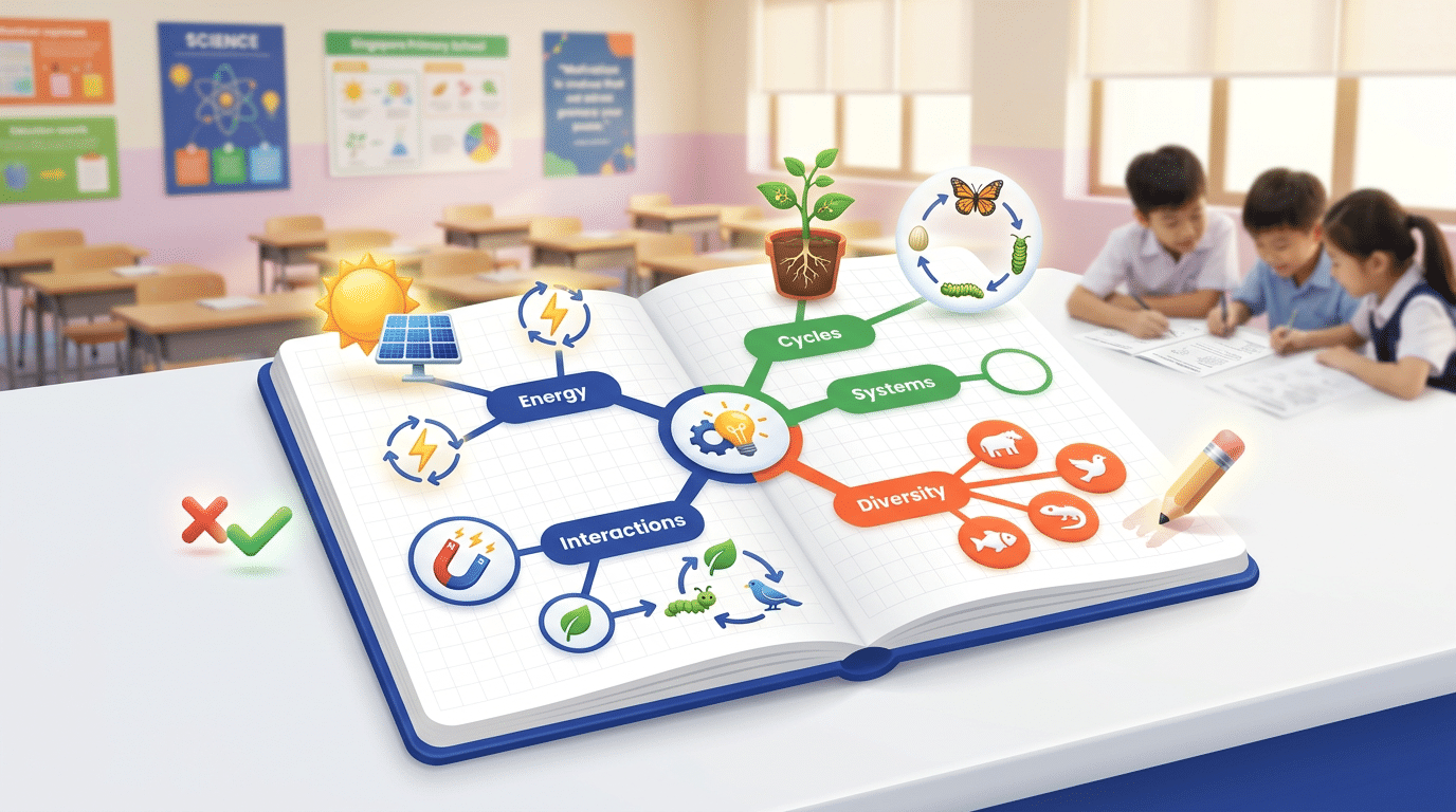 Open science notebook with color-coded mind map on themes like Energy and Diversity, 3D icons, in a bright Singapore classroom.