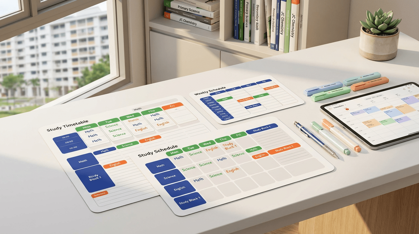 Organized study desk with color-coded timetables, tablet, and stationery in bright Singapore study room.