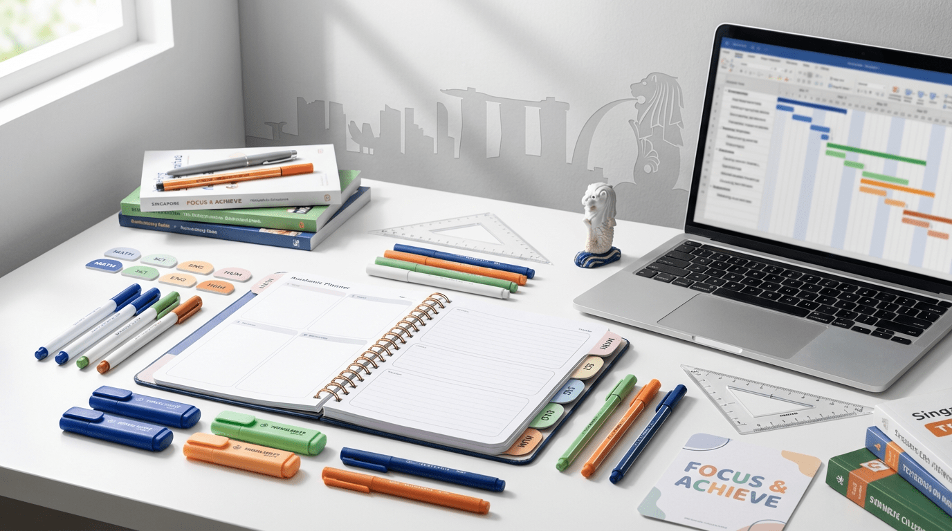 Organized study desk with planner, color-coded stationery, laptop, and Singapore motif.