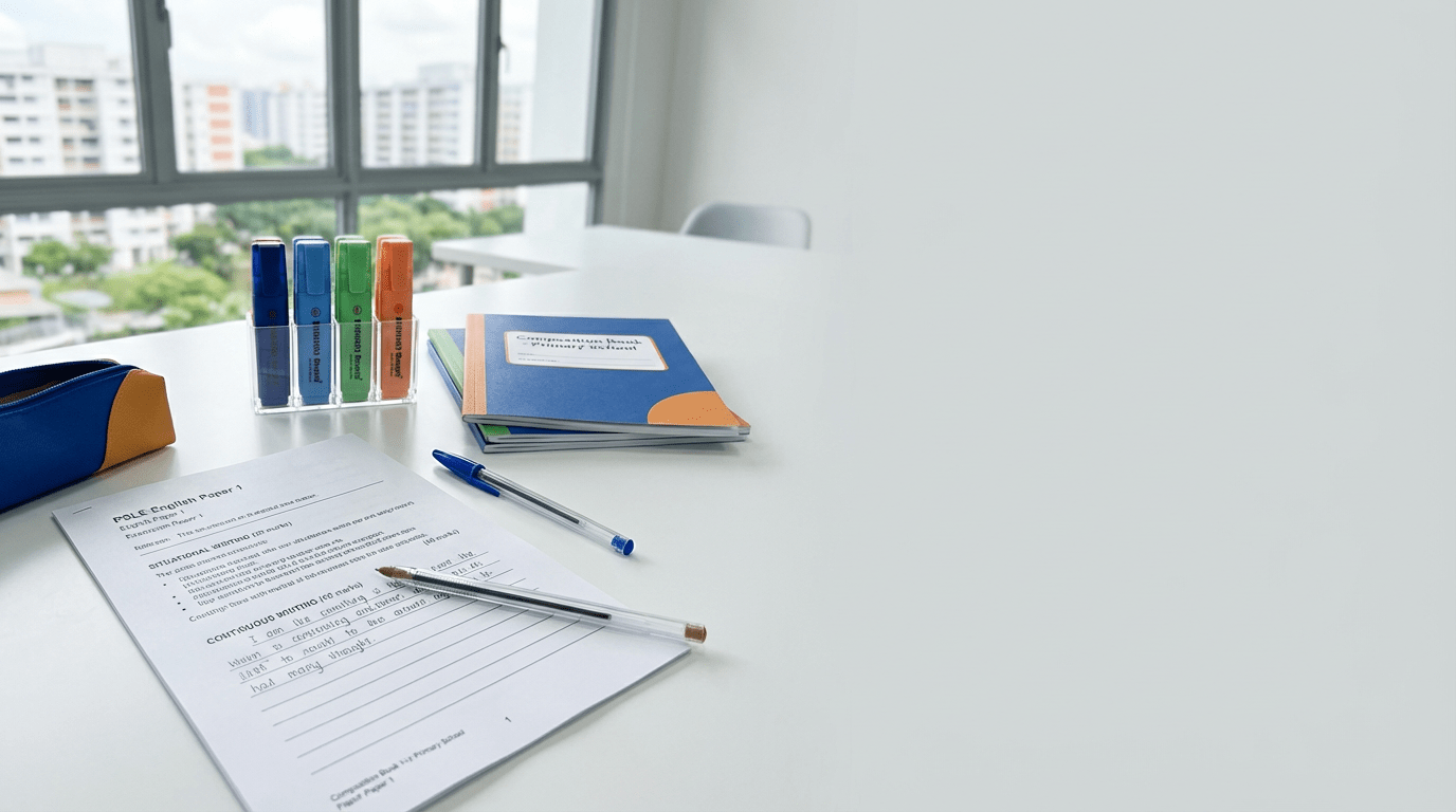 Overhead view of organized study desk with PSLE English paper, pen, books, and highlighters in a bright setting.