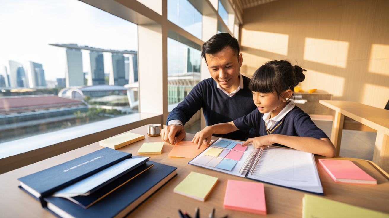 Parent and child collaborating at a desk in a modern Singapore classroom with HDB view.